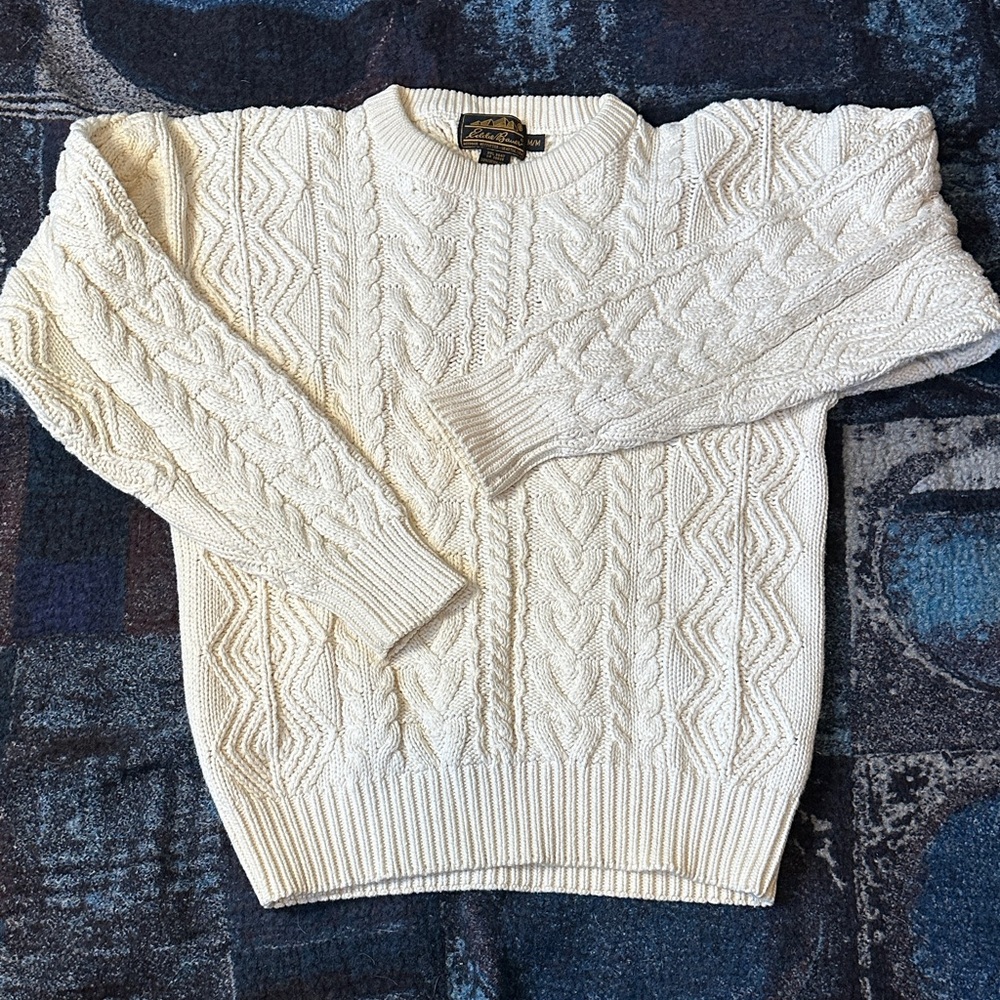 EDDIE BAUER vintage cream cotton cableknit fisherman crew sweater